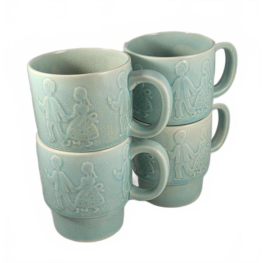 Vintage Set of 4 Celadon Green Stackable Mugs - Made in Japan